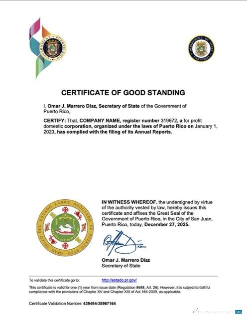 Download Puerto Rico certificate of good standing Word and PDF template Photoshop template